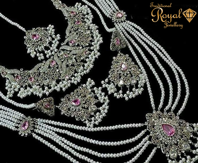 Pink Stone with White Pearls Bridal Set